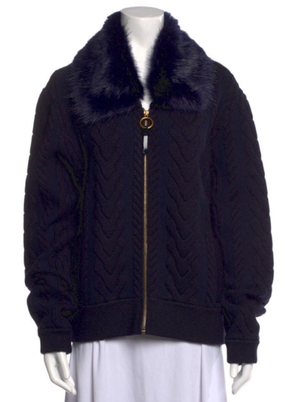 TORY BURCH Contraire Merino Wool Cable Knit Faux Fur Sweater Bomber Jacket XL